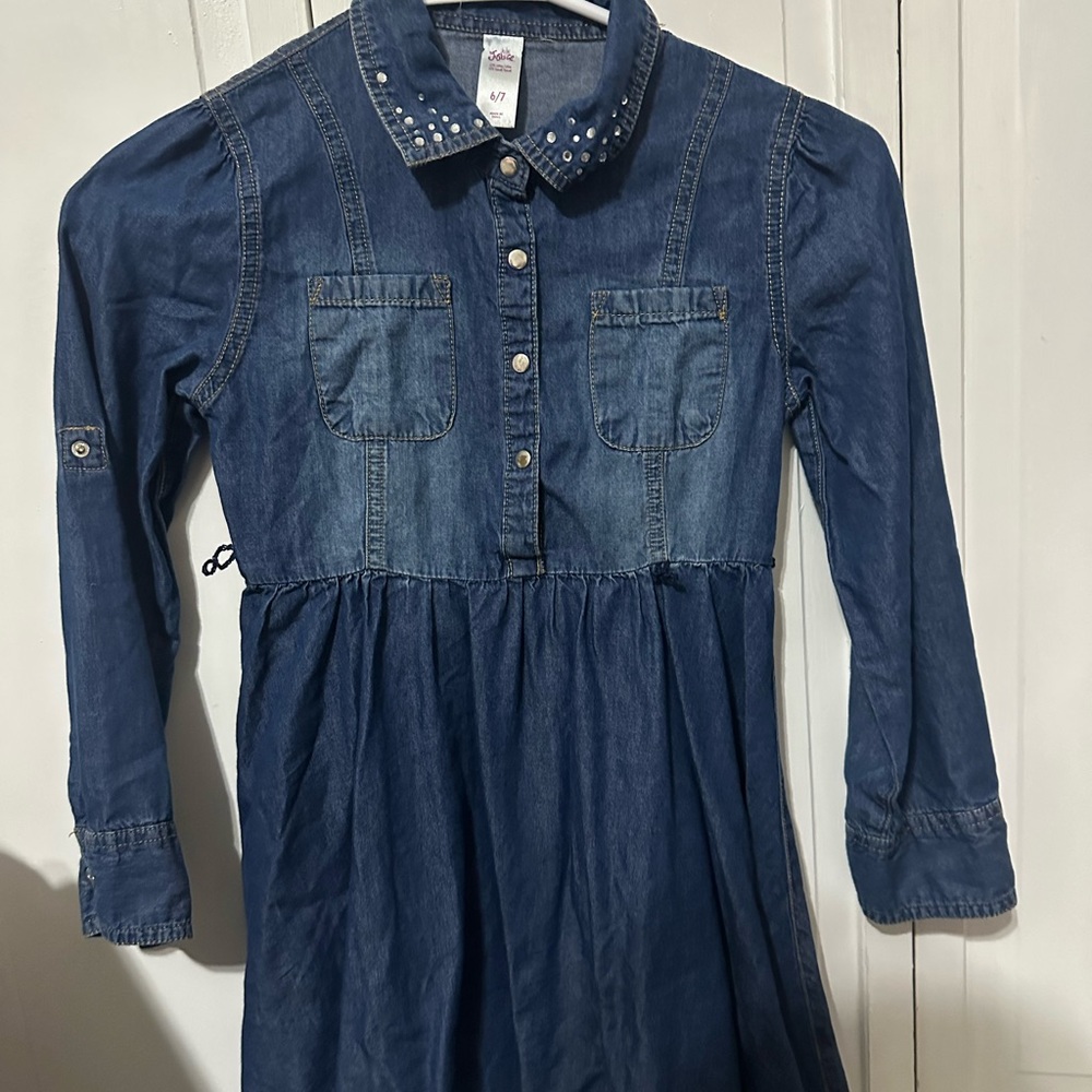 Justice Girls 6/7 Soft Denim Snap-Front Dress – Pearl Collar, Long Sleeve